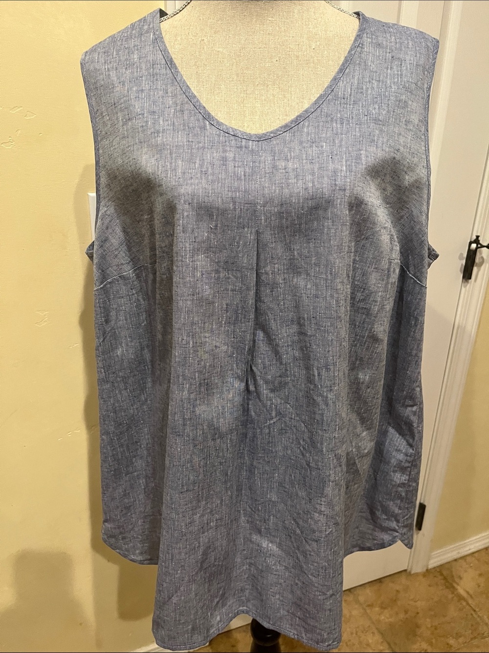 PURE by Ulla Popken Sleeveless Light Blue Cotton/Linen Chambray Tank Top